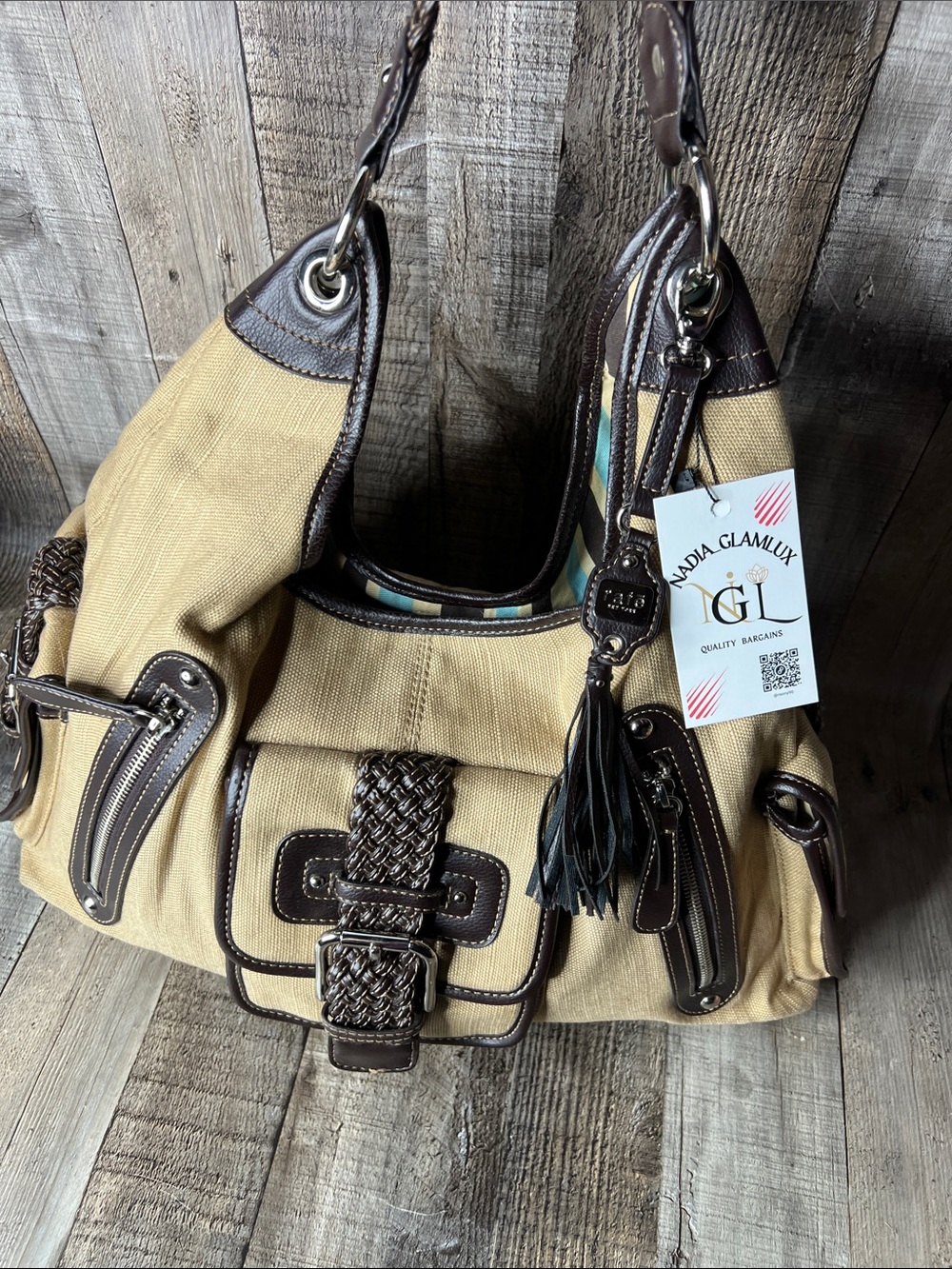 Rafe Beige and Dark Brown Shoulder Bag with Tassel